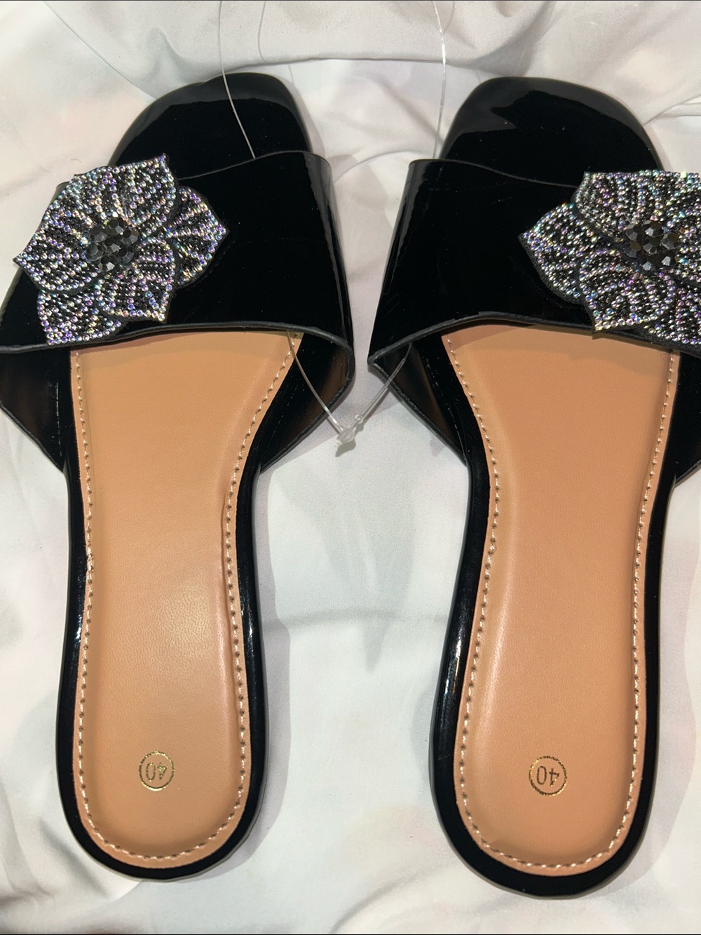 Black Patent Slide Mules with Crystal Floral Accent